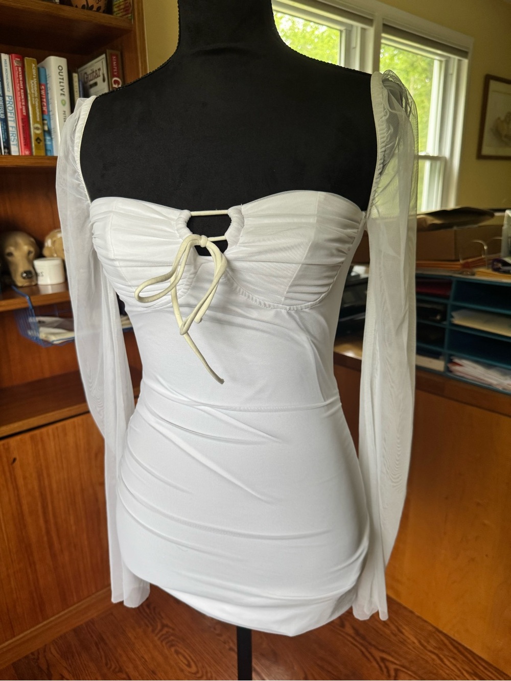 White Sheer-Sleeve Tie-Front Mini Dress